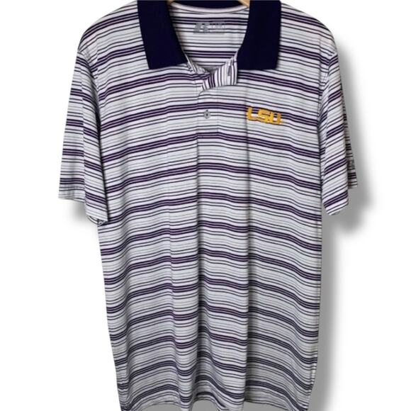 Russell LSU Polo Size Large Liquid Knit Purple Gold White Performance Dri-Fit - Picture 1 of 6